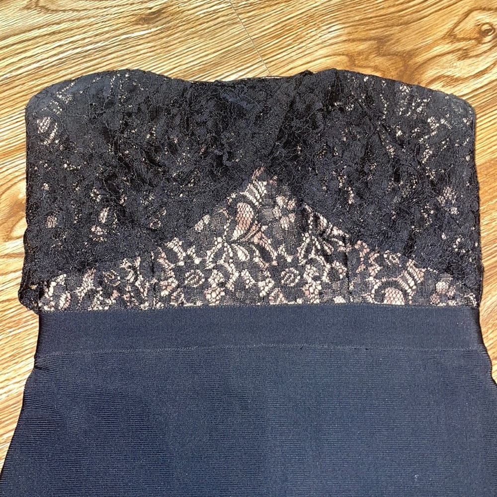 Bebe bodycon dress, strapless, black and nude, lace